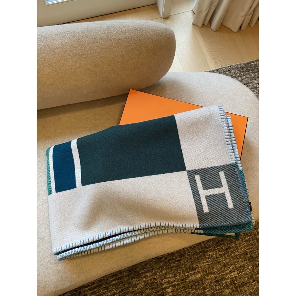 HERMES AVALON PIANO BLANKET COBALT TAN FULL SET BOX WOOL RARE AUTHENTIC
